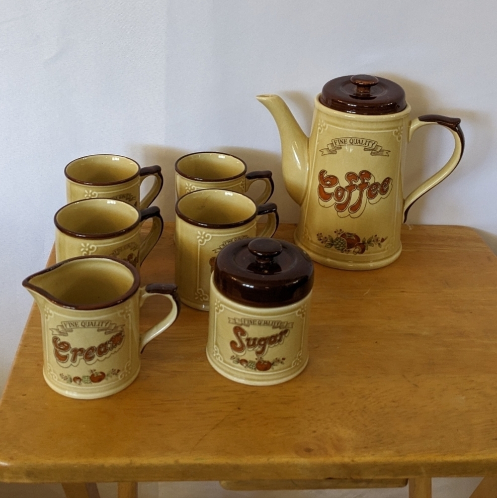Vintage Asake Ceramic Mid Century Large Coffee Pot, 4 coffee cups set, S1B-2